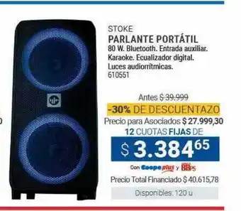 Cooperativa Obrera Stoke parlante portátil 80 w. bluetooth. entrada auxiliar. karaoke. ecualizador digital. luces audiorritmicas oferta