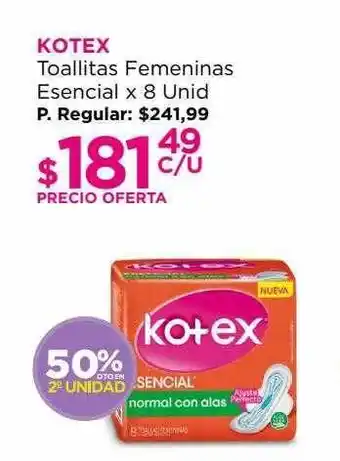Punto de Salud Kotex toallitas femeninas esencial 50% dto en 2° unidad oferta