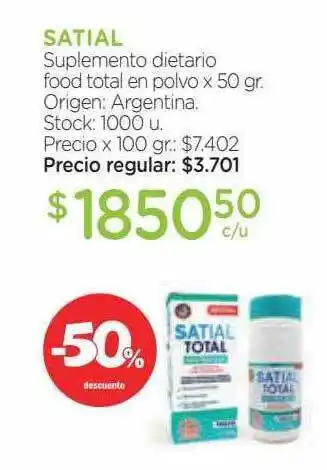 Farmacity Satial suplemento dietario food total en polvo -50% descuento oferta