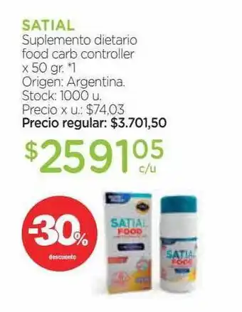 Farmacity Satial suplemento dietario food carb controller -30% descuento oferta