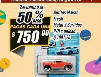 Autitos maisto fresh metal 3 surtidos p n 2da unidad al 50% desc.