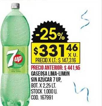 Coto Gaseosa lima-limón sin azúcar 7 up oferta