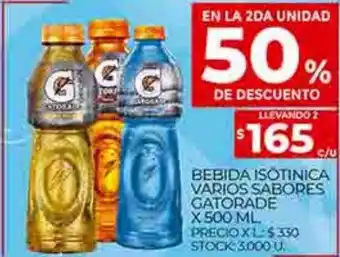 Supermercados DIA Bebida isotonica varios sabores gatorade en la 2da unidad 50% de descuento oferta