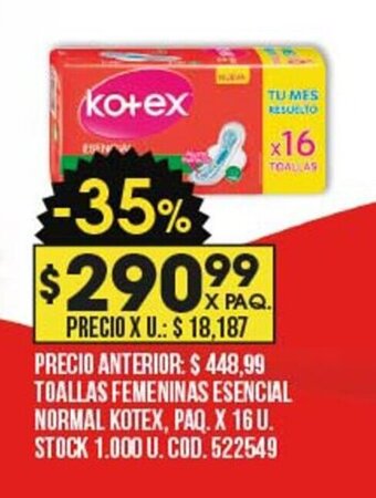 Coto Toallas Femeninas Esencial Normal Kotex oferta