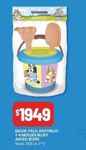 Changomas Balde, pala, rastrillo y 4 moldes bluey oferta
