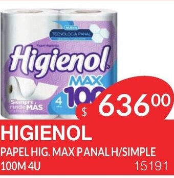 Masivos Higienol Papel Hig. Max Panal H/ Simple 100m 4u oferta