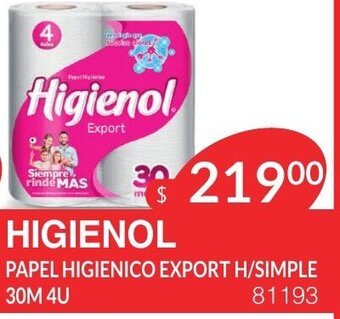 Masivos Higienol Papel Higienico Export H/Simple 30m 4u oferta