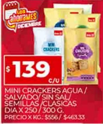 Supermercados DIA Mini Crackers Agua / Salvado / Sin Sal / Semillas / Clasicas Dia x 250/300g oferta