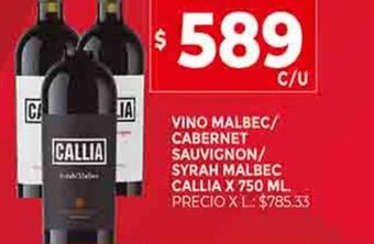 Supermercados DIA Vino Malbec / Cabernet Sauvignon/ Syrah Malbec Callia x 750 ml. oferta