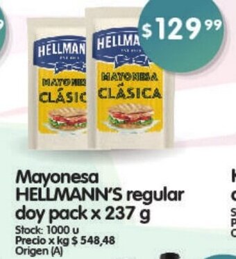 Mayonesa Hellmann's Regular Doy Pack x 237g
