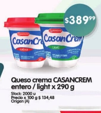 Supermercados Buenos Días Queso Crema Casancrem Entero / Light x 290g oferta