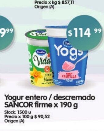 Supermercados Buenos Días Yogur Entero / Descremado Sancor Firme x 190g oferta
