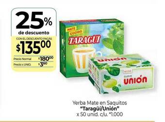 La Anonima Taragüi/UniónYerba Mate En Saquitos x50 unid oferta