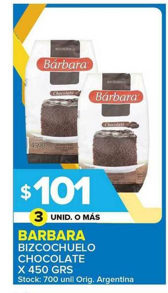Carrefour Maxi Barbara Bizcochuelo Chocolate x 450grs oferta