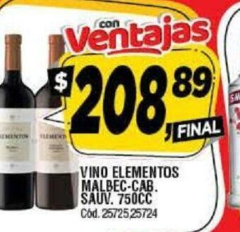 Supermercados Yaguar Vino Elementos Malbec-Cab.Sauv. 750cc oferta