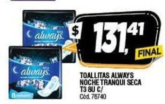 Supermercados Yaguar Always Toallitas Noche Tranqui Seca T3 8u c oferta