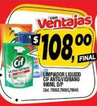 Supermercados Yaguar Limpiador Liquido cif Antg/Vid/Bano 900ml D/P oferta