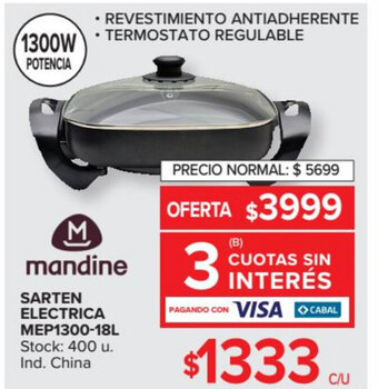 Carrefour Mandine Sarten Electrica MEP1300-18L oferta