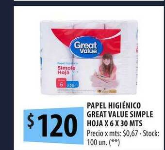 Punto Mayorista Papel Higiénico Great Value Simple Hoja X 6 X 30 MTS oferta