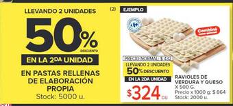 Carrefour Market Ravioles de verdura y queso llevando 2 unidades 50% descuento en la 2da unidad oferta