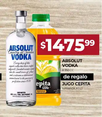 Supermercados Tadicor Absolut Vodka x 750cc de regalo Jugo Cepita Naranja x 1 Lt oferta