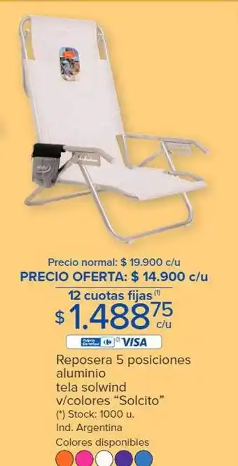 Carrefour Reposera 5 posiciones aluminio tela solwind v colores oferta