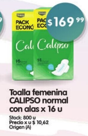 Supermercados Buenos Días Toalla Femenina Calipso normal con alas x 16 u oferta