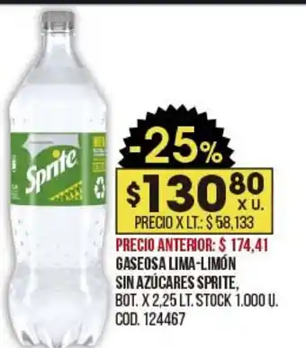 Coto Sprite Gaseosa Lima-Limón Sin Azúcares x2,25lt oferta