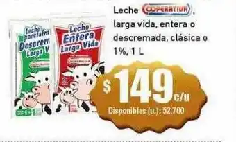 Cooperativa Obrera Leche coperativa larga vida entera o descremada clasica o 1% oferta