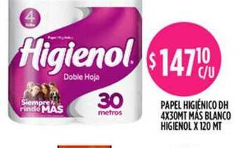 Supermercados Toledo Papel Higiénico DH 4x30MT Más Blanco Higienol x 120 MT oferta