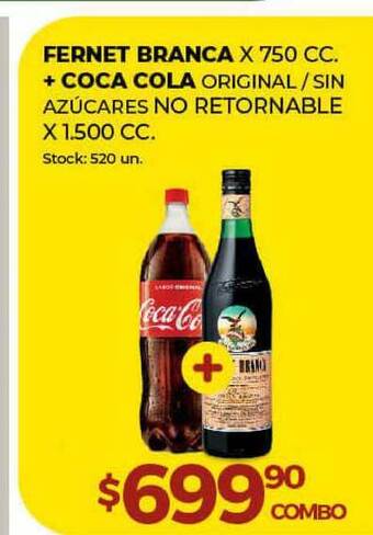 Super MAMI Fernet Branca x 750 cc + Coca Cola Original Sin Azúcares x 1.500 cc oferta