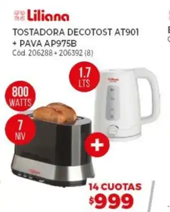 Naldo Lombardi Liliana Tostadora Decotost AT901 + Pava AP975B 206288 + 206392 (8) 800 Watts 1.7 Lts 7 NV oferta