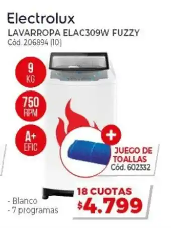 Naldo Lombardi Electrolux Lavarropa ElaC309W Fuzzy 9kg + Juego De Toallas oferta