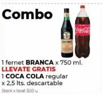 Disco 1 Fernet Branca x 750ml + 1 Coca Cola Regular x 2.5lts oferta