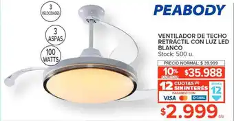 Carrefour Ventilador de techo retráctil con luz led blanco peabody oferta