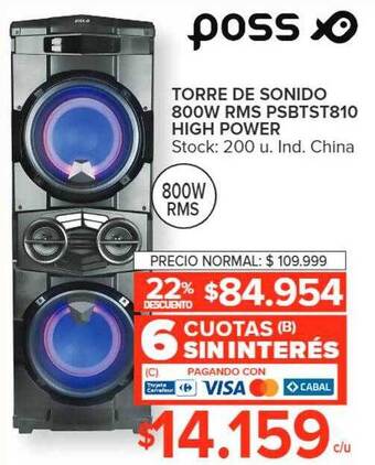 Carrefour Torre de sonido 800w rms psbtst810 high power poss oferta