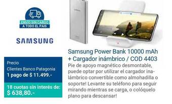 Banco Patagonia Samsung Power Bank 10000 Mah + Cargador Inámbrico Cod 4403 oferta