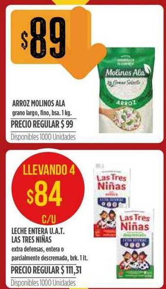 Supermercados Vea Arroz Molinos Ala Grano Largo O Leche Entera U.A.T. Las Tres Niñas Extra Defensas, Entera O Parcialmente Descremada oferta