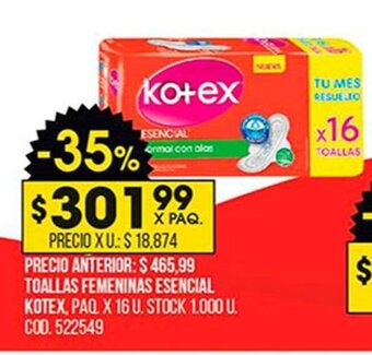Coto Toallas Femeninas Esencial Kotex oferta
