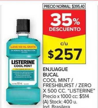 Carrefour Market "Listerine" Enjuague Bucal Cool Mint/Freshburst / Zero x 500cc oferta