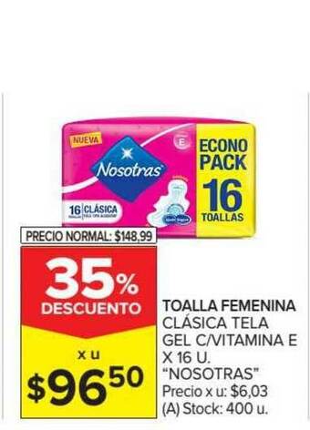 Carrefour Market "Nosotras" Toalla Femenina Clásica Tela Gel C Vitamina E x 16 u oferta
