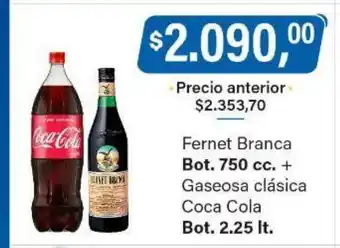 Supermercados Damesco Fernet Branca Bot. 750cc + Gaseosa Clásica Coca Cola Bot. 2.25lt oferta
