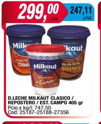 Maxiconsumo D.Leche Milkaut Clasico/Repostero / Est. Campo 405gr oferta