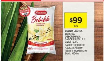 Carrefour Market " La Serenísima" Bebida Láctea Entera / Descremada Sabor Frutilla / Vainilla En Sachet x 900cc oferta