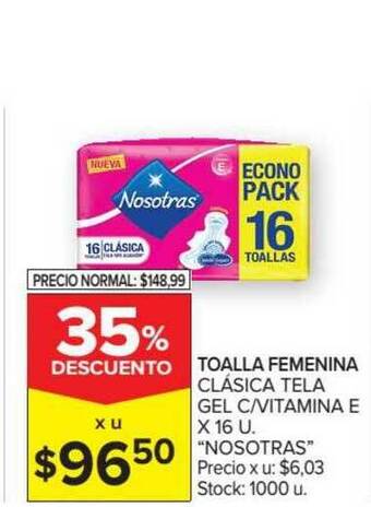 Carrefour "Nosotras" Toalla Femenina Clásica Tela Gel C Vitamina E x 16u oferta
