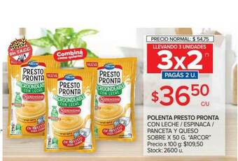 Carrefour Arcor Polenta Presto Pronta Con Leche Espinaca Panceta Y Queso Sobre x 50g oferta