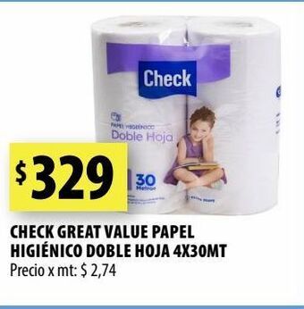Punto Mayorista Check great value papel higiénico doble hoja 4x30mt oferta