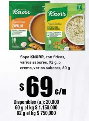 Cooperativa Obrera Knorr Sopa, con fideos varios sabores, 92g, 0 crema, varios sabores 60g oferta