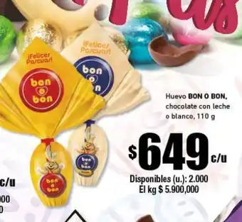 Cooperativa Obrera Bon O Bon Huevo chocolate con leche o blanco 110g g oferta