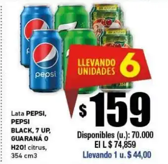 Cooperativa Obrera Pepsi, Pepsi Black, 7 up, Guarana o H20! Citus,Lata oferta